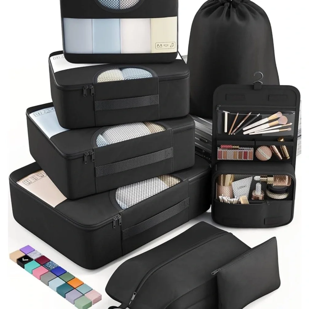 Black Makeup Organizer Set with Packing Cubes and Hanging Toiletry Bag